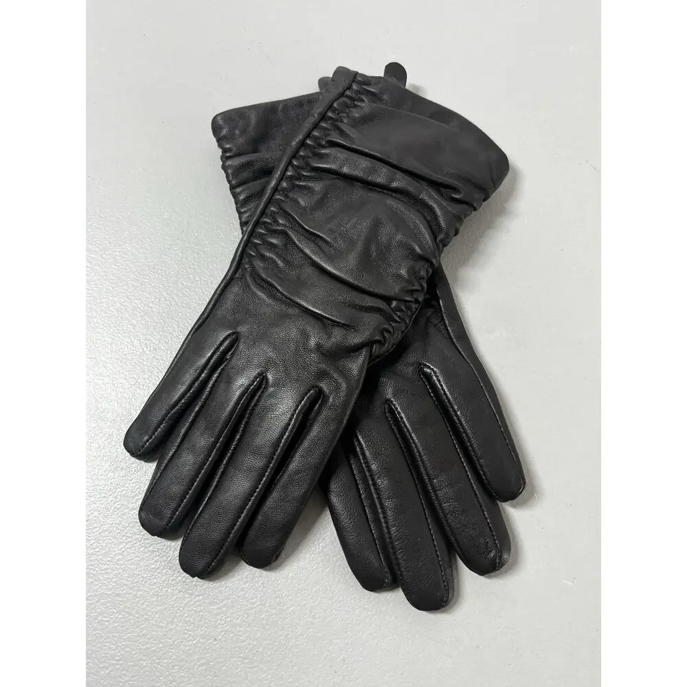 Adrienne Vittadini Leather Fleece Lined Gloves Womens Medium Soft Black Ruched